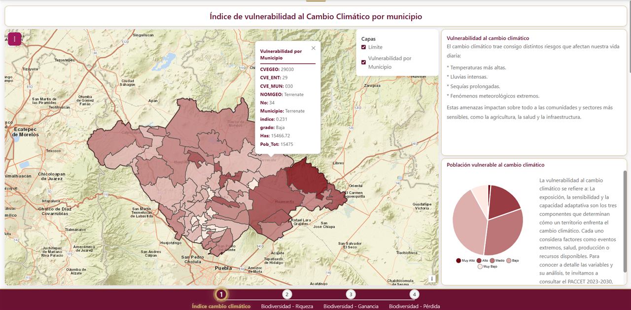 Mapa del índice de vulnerabilidad al cambio climático por municipio en Tlaxcala, México