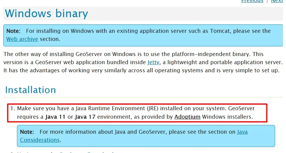 Documentación de GeoServer que indica que requiere Java 11 o Java 17 para instalarse en Windows