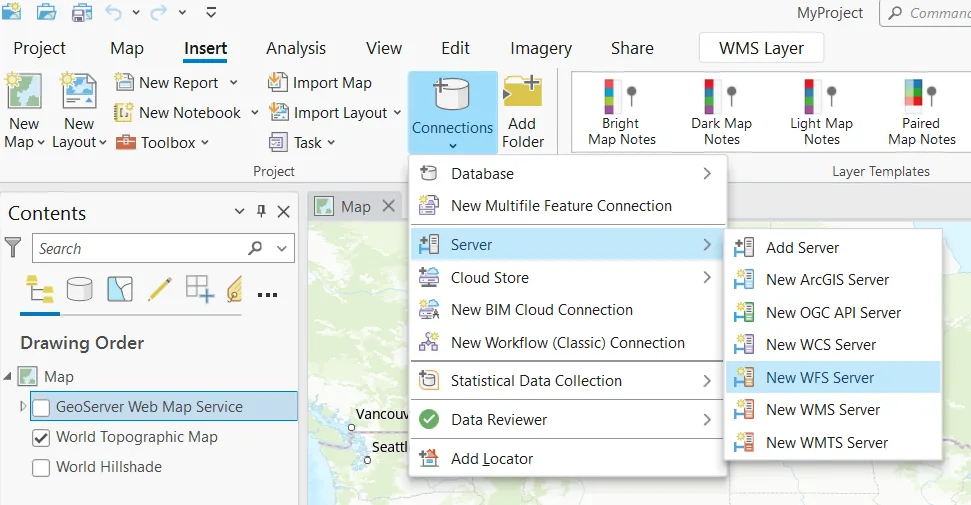 Menú Insert, Connections, Server en ArcGIS Pro con las opciones New WMS Server y New WFS Server