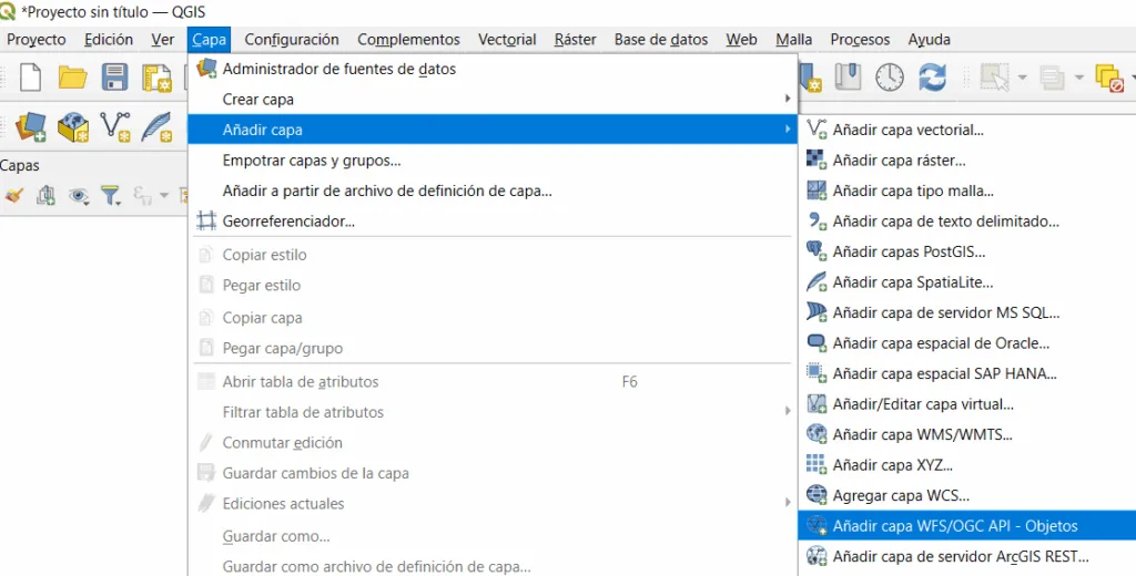 Menú Capa, Añadir capa en QGIS con las opciones para agregar capas WMS/WMTS, WCS y WFS