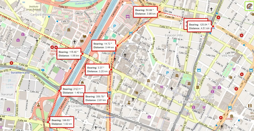 Mapa de Leaflet con el plugin leaflet-ruler midiendo tramos con rumbo y distancia en kilómetros