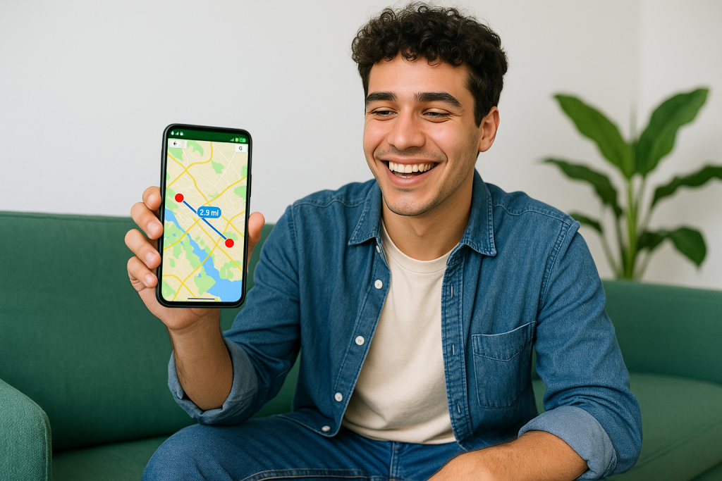 Persona sonriente muestra en su celular un mapa con la distancia medida entre dos puntos