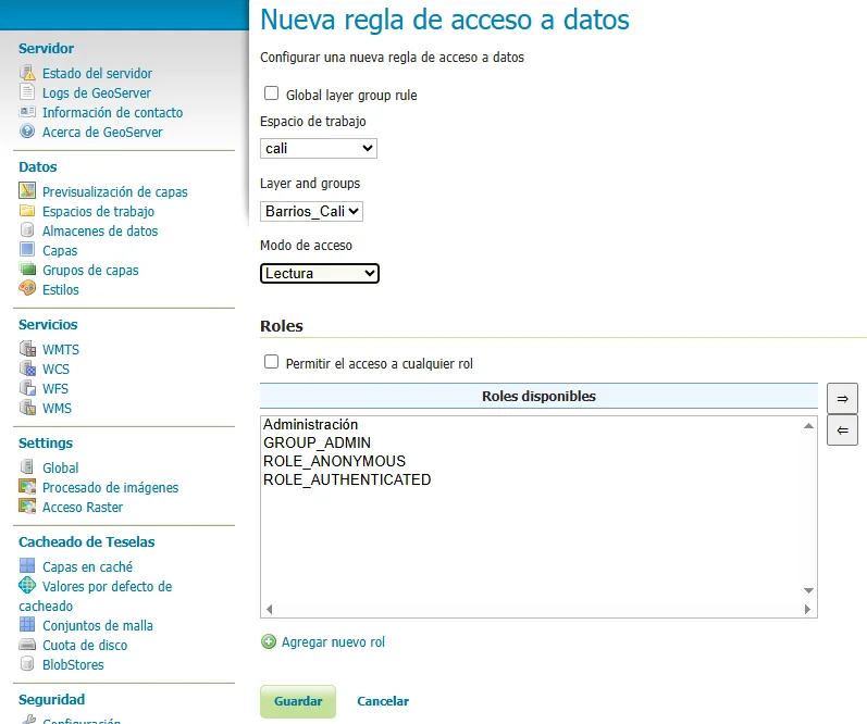 Formulario de nueva regla de acceso a datos en GeoServer para la capa Barrios_Cali, con modo lectura y roles