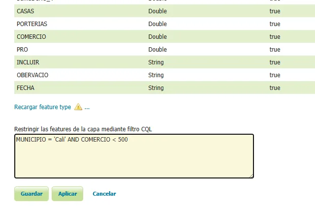 Configuración de capa en GeoServer con un filtro CQL que restringe las entidades por municipio y comercio