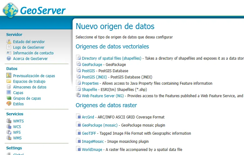 Pantalla Nuevo origen de datos de GeoServer con PostGIS entre los orígenes vectoriales disponibles