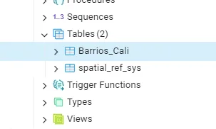 Árbol de pgAdmin con la tabla Barrios_Cali creada en la base de datos PostgreSQL