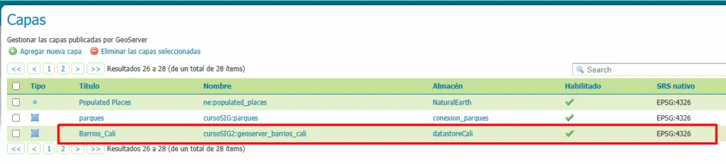 Lista de capas de GeoServer con Barrios_Cali publicada en el almacén datastoreCali mediante la API REST