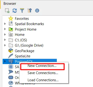 Panel Browser de QGIS con la opción New Connection sobre PostgreSQL