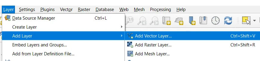 Menú Layer de QGIS con la ruta Add Layer, Add Vector Layer para cargar el shapefile