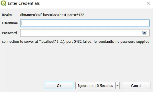 Ventana de QGIS que pide usuario y contraseña para conectarse a la base de datos cali