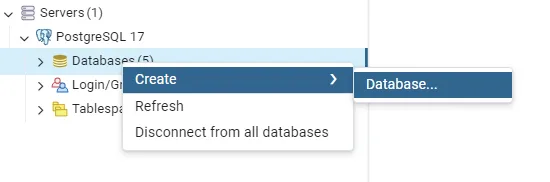 Menú contextual de pgAdmin sobre Databases con la opción Create, Database