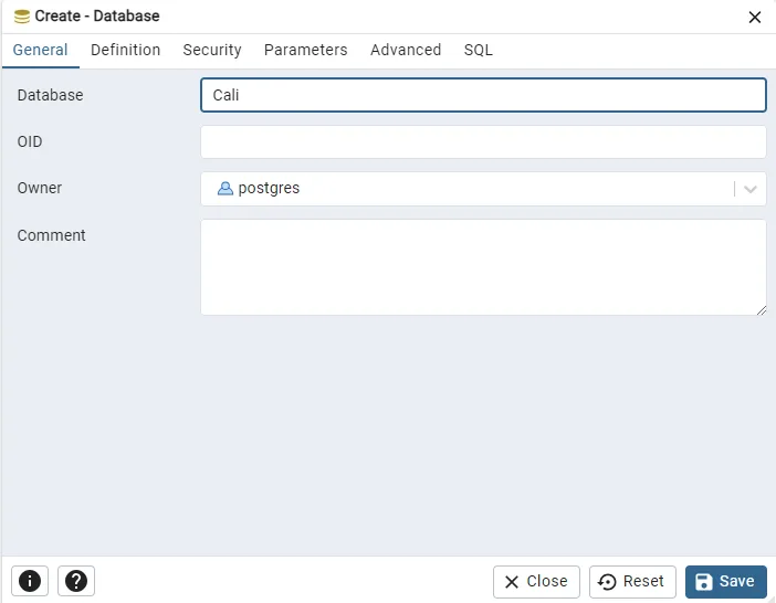Ventana Create Database de pgAdmin con el nombre Cali y el usuario postgres como dueño