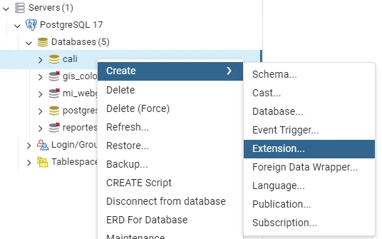 Menú contextual de la base de datos cali en pgAdmin con la opción Create, Extension