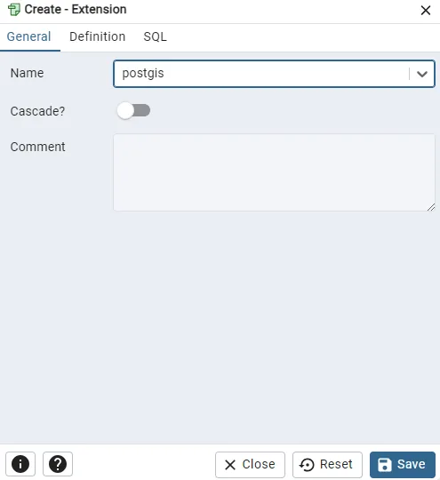 Ventana Create Extension de pgAdmin con postgis seleccionado en el campo Name