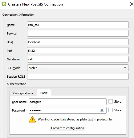 Formulario de nueva conexión PostGIS en QGIS con host localhost, puerto 5432 y base de datos cali
