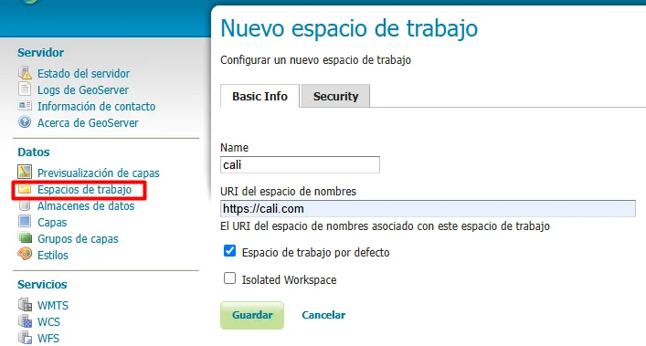 Formulario de GeoServer para crear el espacio de trabajo cali