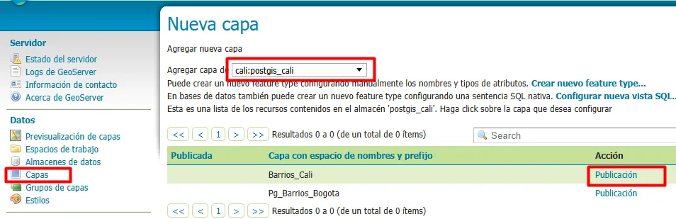 Pantalla Nueva capa de GeoServer con la tabla Barrios_Cali lista para publicar desde postgis_cali