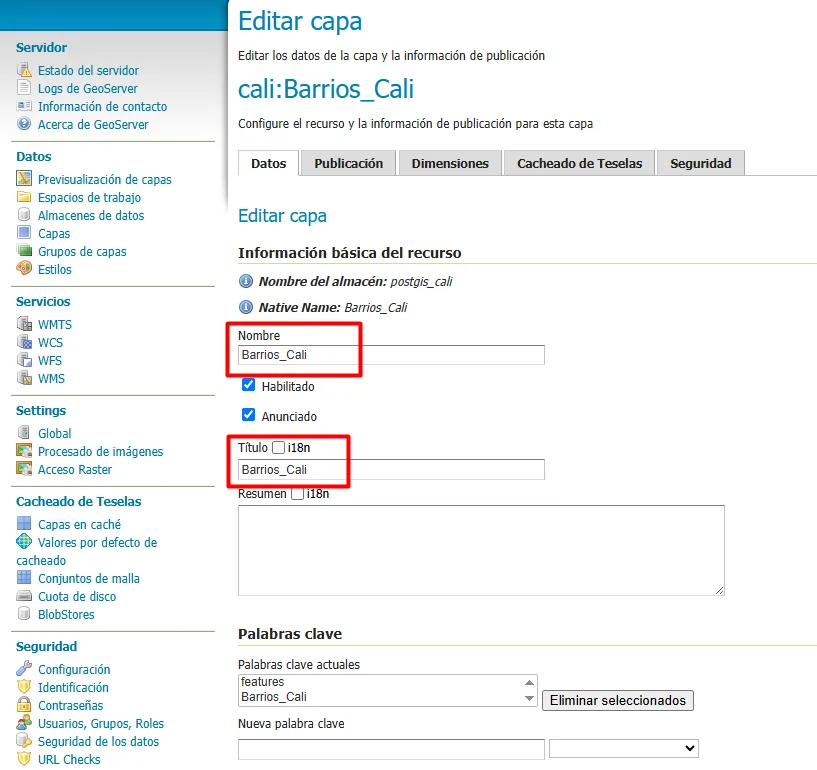 Edición de la capa cali:Barrios_Cali en GeoServer con el nombre y el título marcados