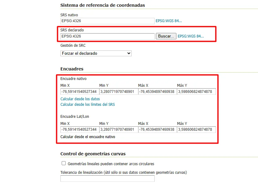 Sistema de referencia EPSG:4326 y encuadres calculados de la capa en GeoServer