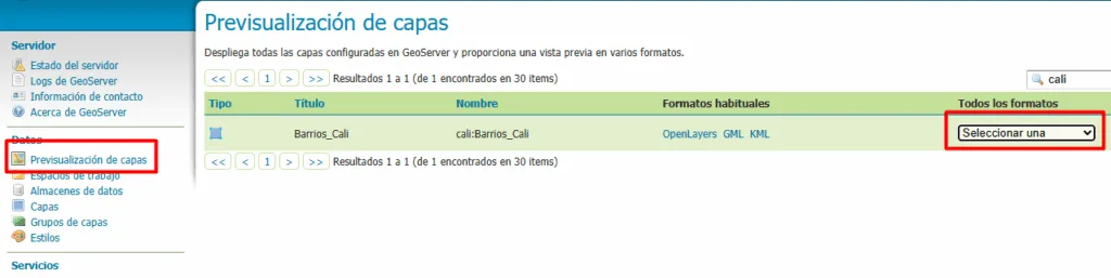 Previsualización de capas de GeoServer con Barrios_Cali y el selector de todos los formatos