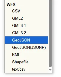 Lista de formatos WFS de GeoServer con GeoJSON seleccionado