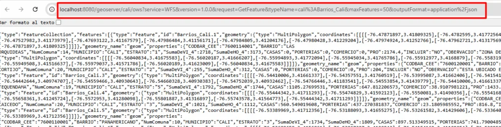 Navegador con la URL WFS de GeoServer y la respuesta GeoJSON de los barrios de Cali