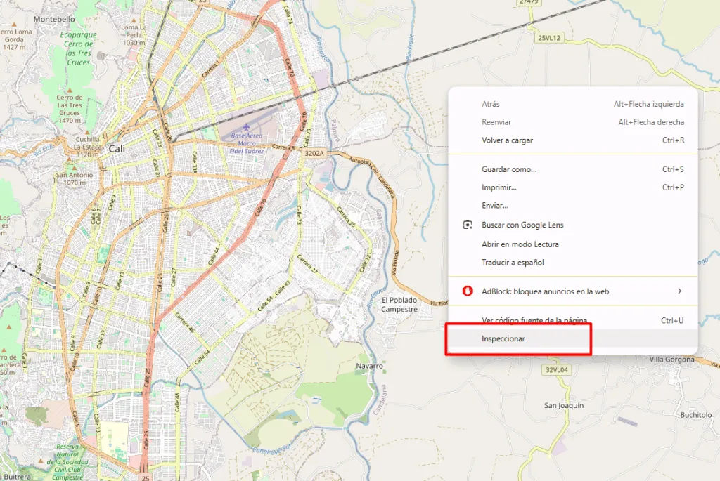 Mapa base de Cali en el navegador con el menú contextual abierto en la opción Inspeccionar