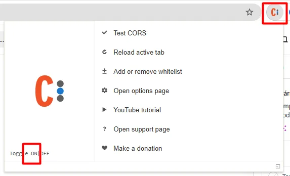 Extensión CORS de Chrome abierta con el interruptor ON y OFF marcado