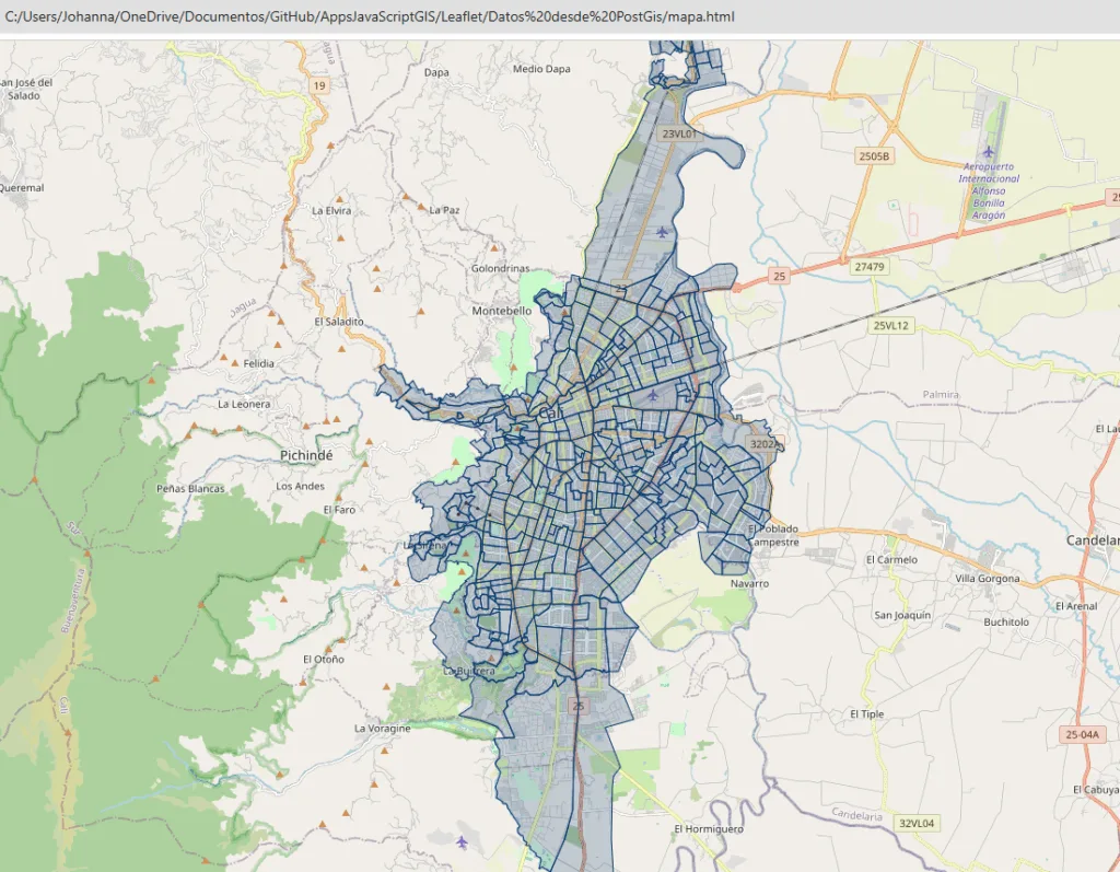 Mapa de Leaflet con los barrios de Cali cargados desde PostGIS a través de GeoServer