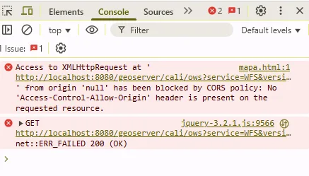 Consola del navegador con el error de CORS al pedir la capa WFS a GeoServer