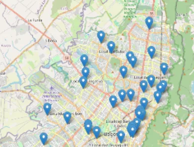 Mapa de Bogotá en Leaflet con varios marcadores azules distribuidos por la ciudad