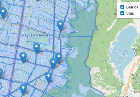 Control de capas de Leaflet con las casillas Barrios y Vías activas sobre el mapa de Usaquén