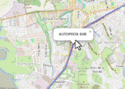 Capa GeoJSON de vías en Leaflet con un popup que muestra el nombre Autopista Sur