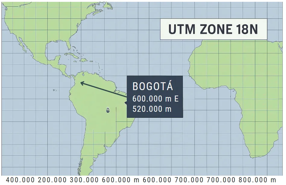 Mapa con cuadrícula UTM zona 18N que ubica Bogotá con coordenadas proyectadas en metros