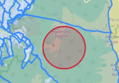 Círculo rojo de 1000 metros de radio dibujado con L.circle sobre el mapa de Leaflet