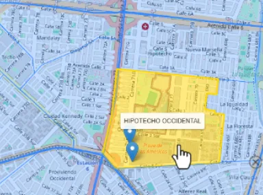 Barrio Hipotecho Occidental resaltado en amarillo con su nombre al pasar el cursor sobre el polígono