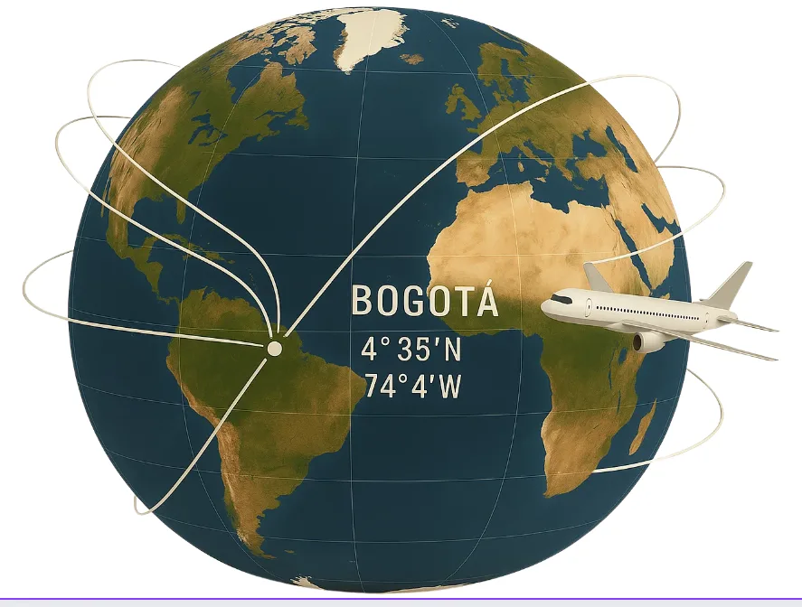 Globo terrestre con rutas de vuelo y Bogotá ubicada en coordenadas geográficas, latitud y longitud en grados
