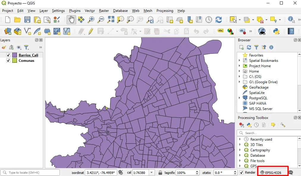 Proyecto de QGIS con la capa Barrios_Cali y el código EPSG:4326 resaltado en la esquina inferior derecha