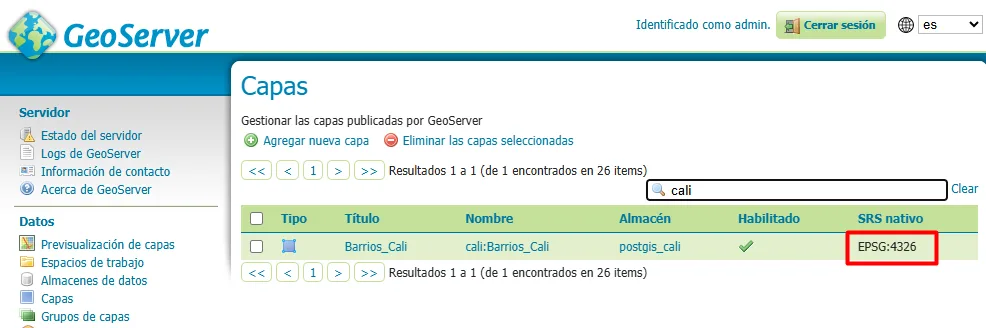 Lista de capas de GeoServer con la columna SRS nativo de Barrios_Cali resaltada en EPSG:4326