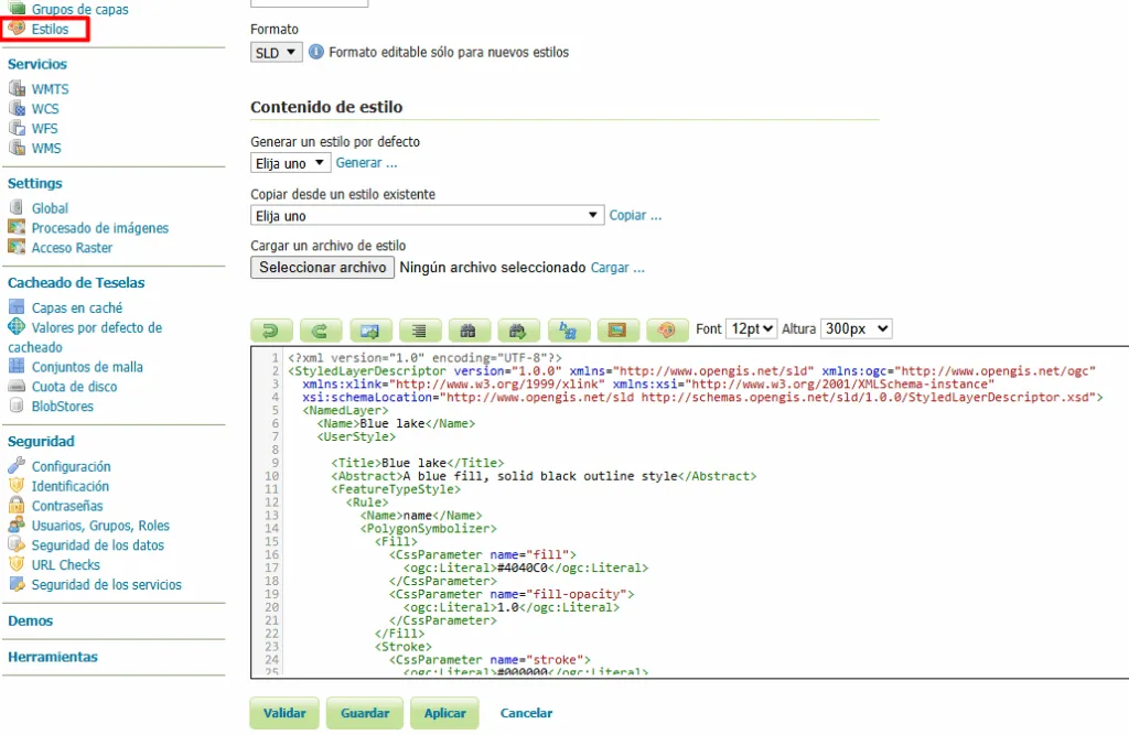 Sección Estilos de GeoServer con el editor de contenido de estilo y un SLD de relleno azul para polígonos